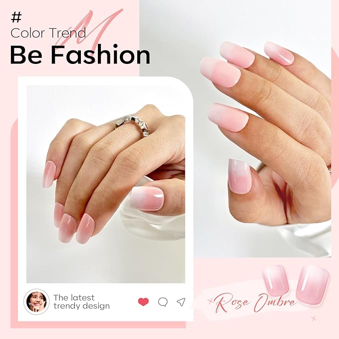 Modelones Pink Ombre Press on Nails, Christmas Short Square Fake Nails, Reusable Nail Kit with Nail Glue Adhesive Tabs Mini Nail File, Nails Press Ons 32Pcs 16 Sizes, Women Girl Gift