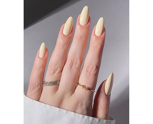 WOOYAS Press on Nails Medium - Creme Light Yellow Almond Fake Nails Solid Color Glossy False Fingernails in 15 Sizes, Long Stick on Nails for Women - 24Pcs