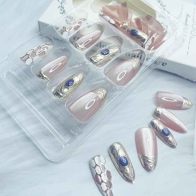 Almond Press on Nails Gold French Tip Fake Nails with Designs Chrome Acrylic Nails Glossy Nude Pink Full Cover Stick on Nails Artificial Almond Nails Tips False Nails for Women Manicure 30Pcs