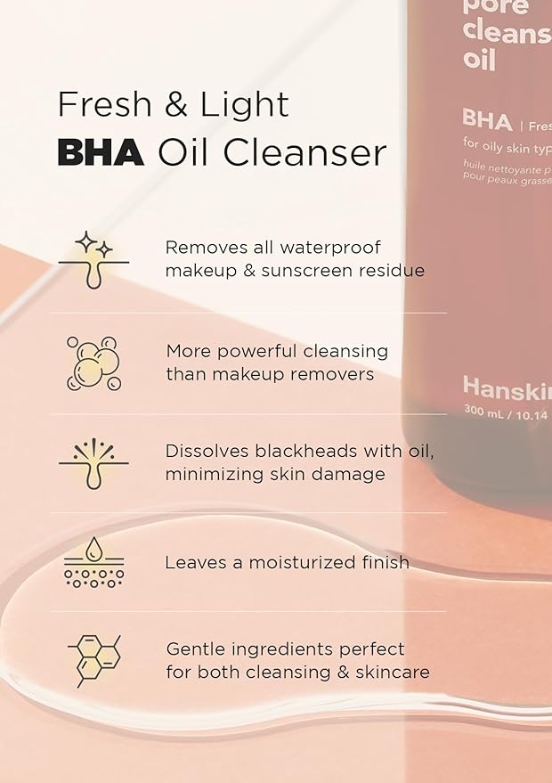 Hanskin BHA Pore Cleansing Oil, Gentle Blackhead Cleanser and Makeup Remover for Combination and Oily Skin, Korean Skincare [BHA/10.14 oz]