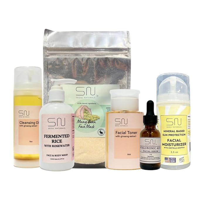 Seoul Naturals Skincare Set, Ginseng Oil Cleanser, Fermented Rice Face Wash, Ginseng Toner, Face Mask, Hyaluronic Serum, Sun Protection Cream, k beauty, 6 Pieces