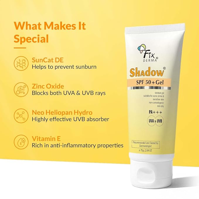 Fixderma Shadow SPF 50+ Gel Sunscreen for Face | Titanium Dioxide & Zinc | Broad Spectrum UVA and UVB Protection | Water Resistant, Lightweight Sunscreen - 2.64 Oz