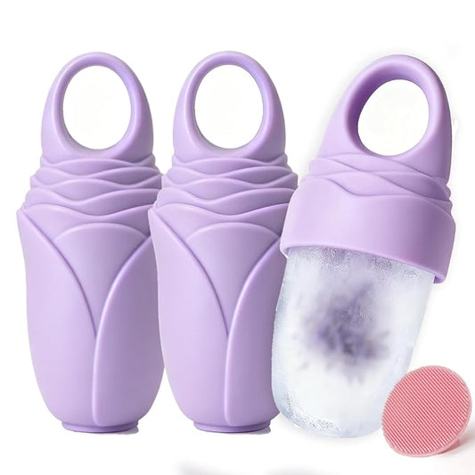 3 Pcs Facial Ice Roller Silicone Mold Reusable for Face Women and Eye Neck Cold Skin Care Tools Freezer De Puff Eye Bags Reduce Migraine Pain Purple