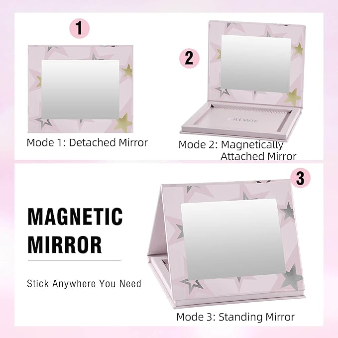 Magnetic Empty Makeup Palette with Mirror – Customizable Refillable Case for Eyeshadow, Blush, Lipstick, Highlighter – Lightweight, Waterproof, with Spatula & 20 Metal Stickers (Pink, Medium)