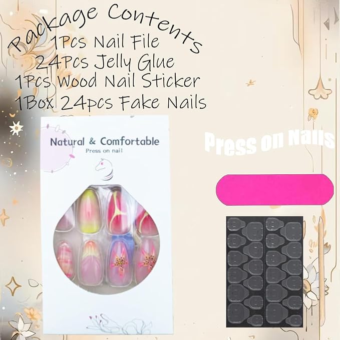 24Pcs Almond Press on Nails Short Fake Nails Metal Star Design Leopard French Tip Glue on Nail Reusable 3D Flower Acrylic Nails Press on Full Cover Nude Pink False Nail for Women Manicure Supplies