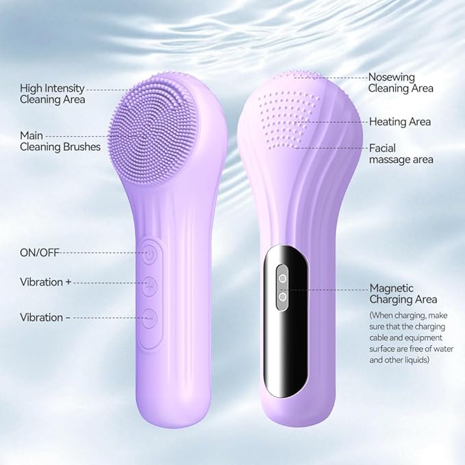 Facial Cleansing Brush, Silicone Face Scrubber with Heat and Vibration 5 Speeds, Waterproof Rechargeable Electric Face Scrub Brush for Men & Women, Deep Cleansing, Exfoliating and Massage (Purple)