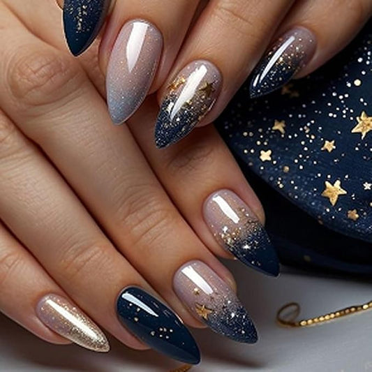 Press On Nails Spring Acrylic Nails for Women - Starry sky Designer Fake Nails Medium Almond 24PCS, Glossy Soft Gel with Glue, Outdoor Picnic/Wedding/Party Reusable Stick On Nails Gift