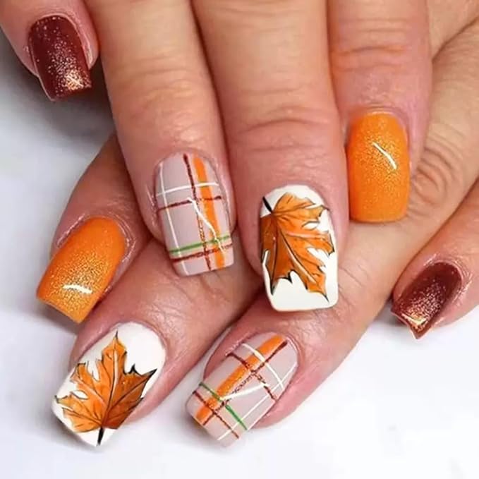 6 Packs (144 Pcs) Fall Press on Nails Medium Square, Almond Press on Nails, with Maple Leaf Design Thanksgiving Day Fake Nails for Women - 12 Sizes, 6Styles
