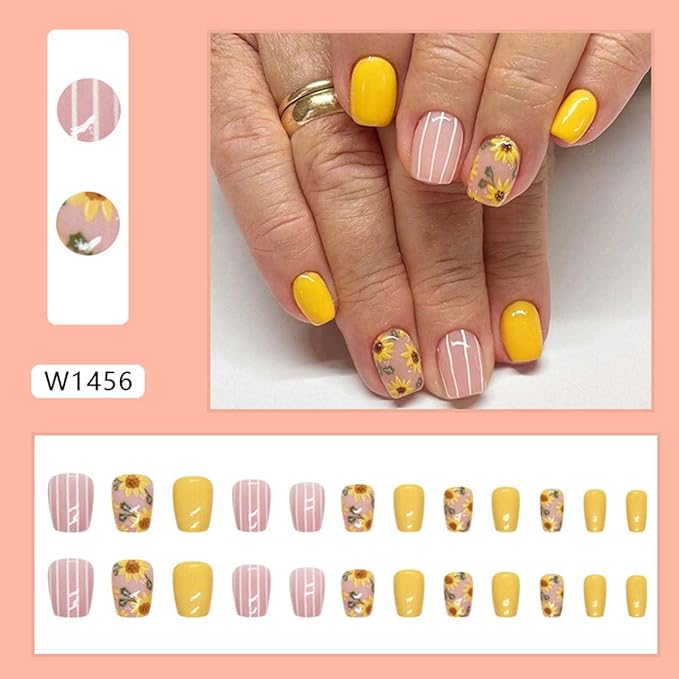 Square Press on Nails Short Fake Nails Sunflower with Line Design Yellow False Nails Acrylic Artificial Nails Glossy Glue on Nails Full Cover Stick on Nails for Women Manicure Art 24Pcs