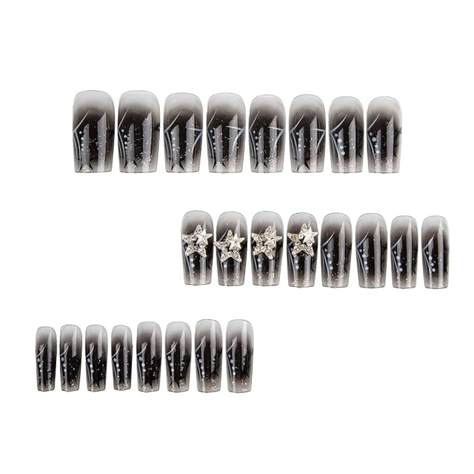 24Pcs Black Press on Nails Medium Square Fake Nails Silver Star Nail Rhinestones with Gradient Black Full Cover Reusable Artificial Nails Glue on Nails Chrome False Nails for Women Girls Acrylic Nails