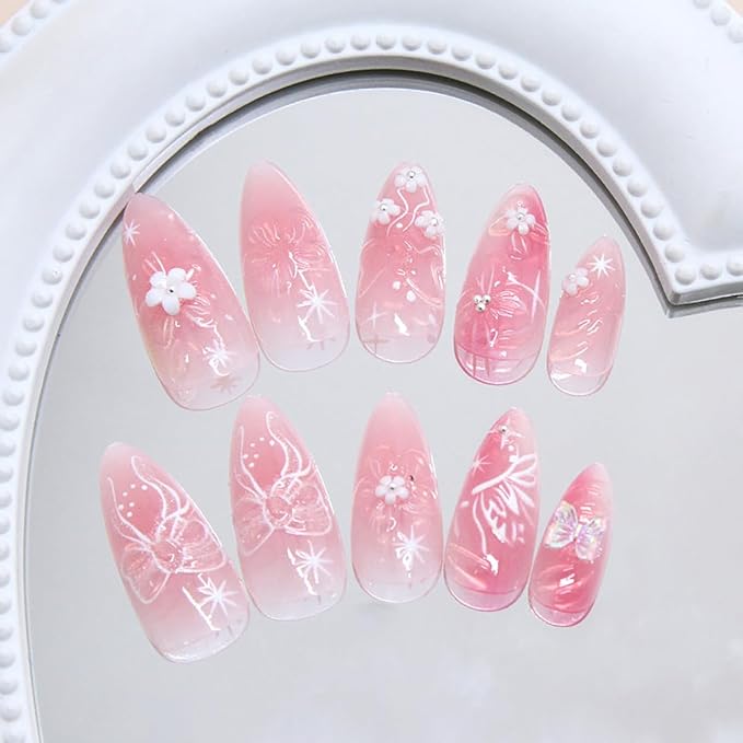 24Pcs Flower Press on Nails Medium Almond Fake Nails 3D Flowers Bow Butterfly with Rhinestones Glitter Designs Full Cover Pink Ombre Stick on Nails Summer False Nails for Women Girls Acrylic Nail Art