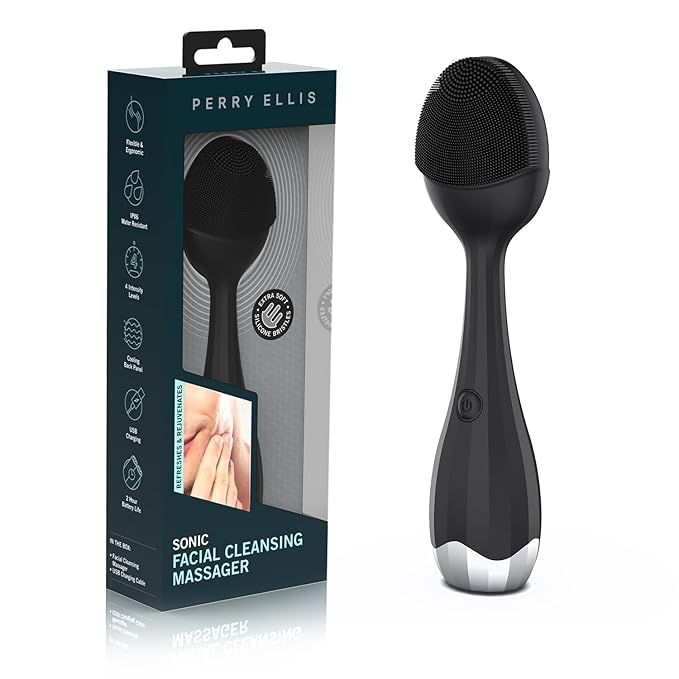 Perry Ellis 4-Speed Facial Cleansing Brush for Men, Silicone Face Scrubber with Dedicated Cooling Plate and Ergonomic Handle, IPX6-Waterproof Face Washer, 5-Hour Battery Life, USB Rechargeable
