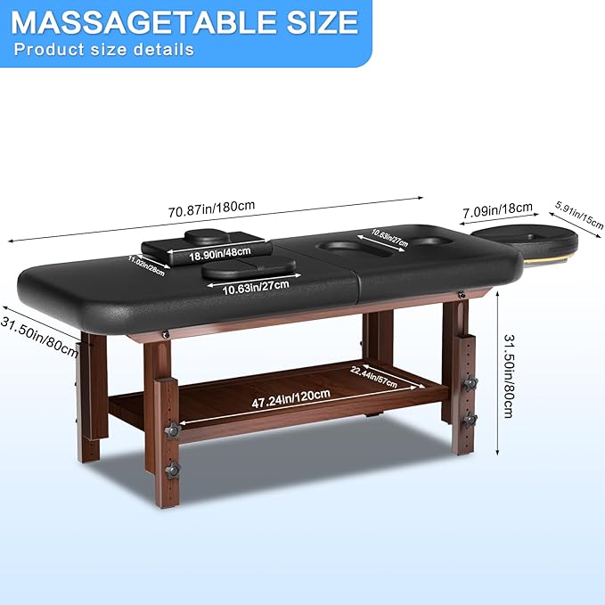 Massage Table 31IN Wide with Hight Adjustable Legs and Backrest for Treatment, Black PU Leather Professional Spa Bed Load1500 LBS, Spa Table with Storage for Footmassage Facial CareSpa Tattoo