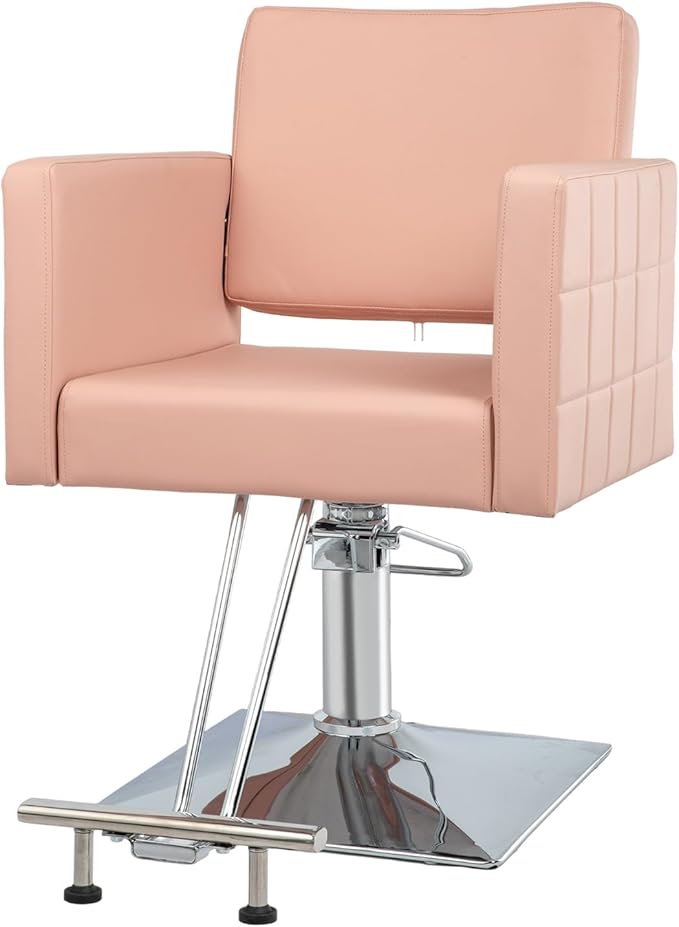 OmySalon Hydraulic Styling Chair for Hair Salon, Modern Pink Hairdressing Barber Chair w/Square Base & Footrest, 360 Degrees Swivel, Beauty Spa Equipment