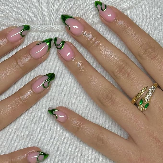 Press on Nails Almond Fake Nails French Tip False Nails with Chrome Stripes Line Design Chrome Medium Acrylic Nails Press ons Glossy Full Cover Glue on Nail for Women Manicure 24Pcs