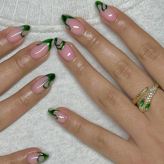 Press on Nails Almond Fake Nails French Tip False Nails with Chrome Stripes Line Design Chrome Medium Acrylic Nails Press ons Glossy Full Cover Glue on Nail for Women Manicure 24Pcs