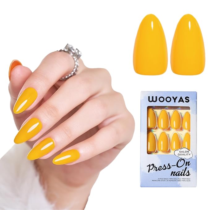 Wooyas Press on Nails Almond, Yellow Medium Handmade Fake Nails Reusable, Made by Soft Gel, Lightweight Natural Glossy Fake Nail in 12 Sizes - 24 Pcs Soft Gel Glue On Nails Kit