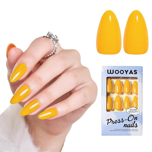 Wooyas Press on Nails Almond, Yellow Medium Handmade Fake Nails Reusable, Made by Soft Gel, Lightweight Natural Glossy Fake Nail in 12 Sizes - 24 Pcs Soft Gel Glue On Nails Kit