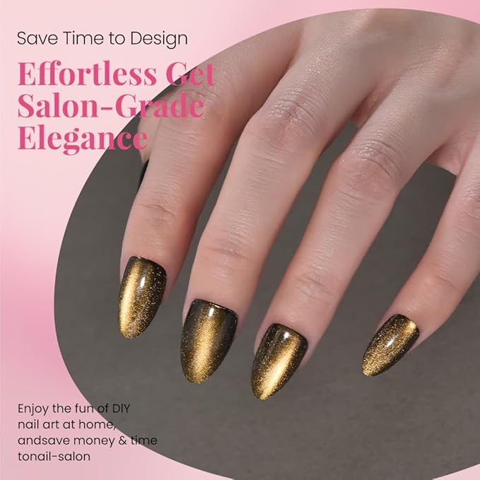 evpct Cat Eye Gold Press on Nails Almond Short, Gold Metal Short Almond Soft Gel Press on Nails with Nail Glue, Fit Perfectly, 30Pcs Reusable Acrylic Fake Press-on Nail Polish Kit for Women Gift