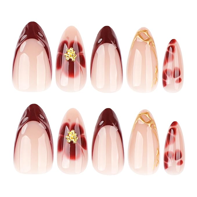 24pcs Red French Tip Press on Nails Short Almond Fake Nails with 3D Gold Stripe Bead Designs Red Flower Glue on Nails Summer False Nails Full Cover Acrylic Nail Tips Stick on Nails for Women