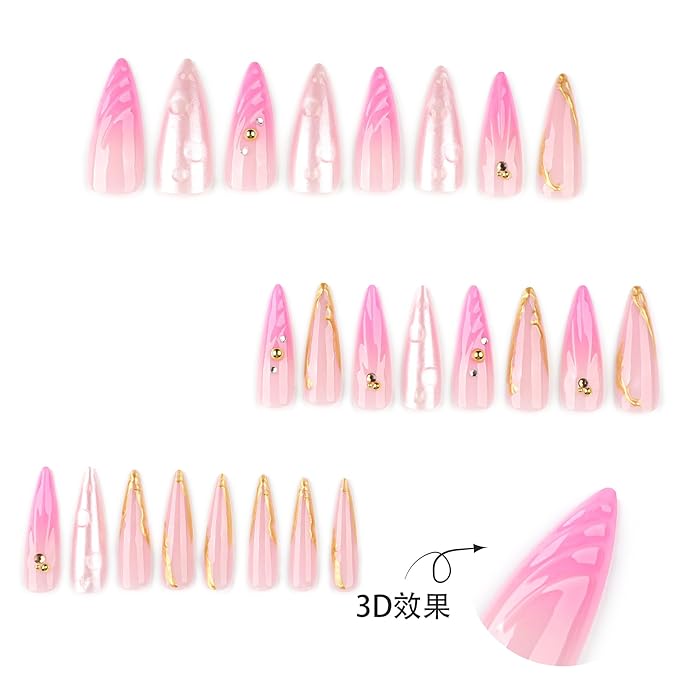 Pink Press on Nails Long Stiletto Fake Nails Ombre Glue on Nails with Gold Design Glossy False Nails Reusable Artificial Acrylic Full Cover 3D Ocean Shell Stick on Nails for Women Manicure 24Pcs