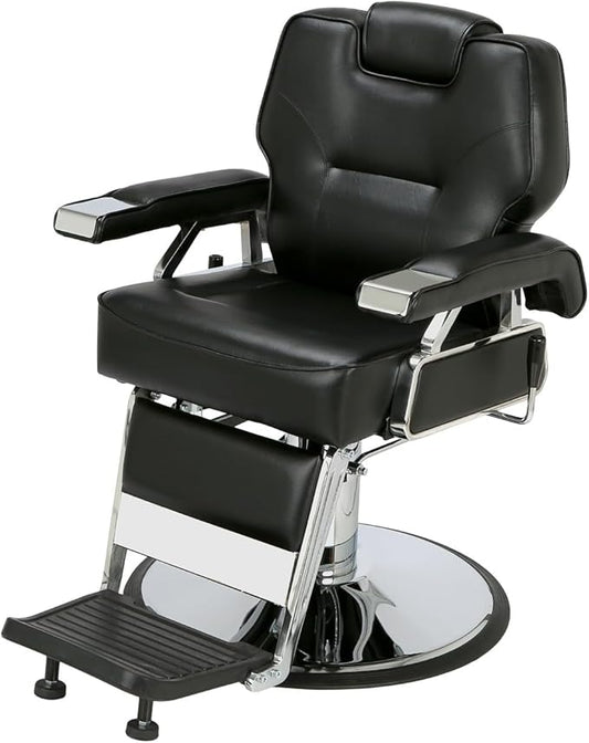 Buy-Rite K.O. Professional Barber Chair - Fully Reclining Hydraulic Barbering Chair with 360° Swivel, Adjustable Headrest, Extra-Wide Seat & 28" Chrome Base for Barbershops, SY-31307