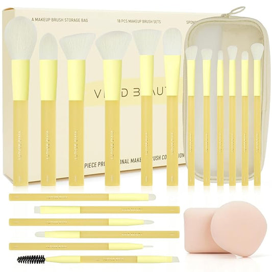 Yellow Make Up Brush Set – 18PCS Makeup Brushes for Powder, Foundation, Eyeshadow – With Rubber Coated Handles, Painted Aluminum Ferrules, Travel Bag & 2 Makeup Sponges– For Women & Beginners