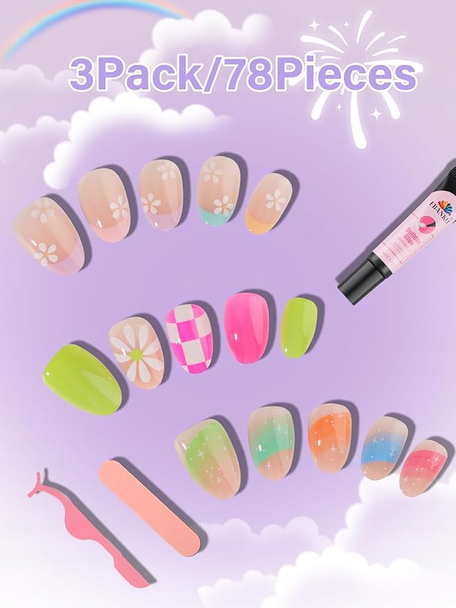 78 Pieces Press on Nails for Kids, EBANKU Child Fake Nails Cute Full Cover Short Stick On False Nail Kits Set for Little Girls with Nail Glue