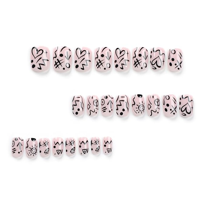 Press on Nails Short Square, Pink Fake Nails Kit with Cartoon doodle Designs, Glossy Acrylic Press on Nails, Thick Reusable Glue on Nails Short Press on Nails for Women, Quirky Ink