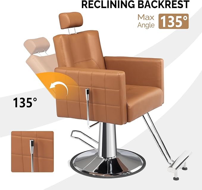 OmySalon Hydraulic Barber Chair Heavy Duty, Salon Chair for Hair Stylist All Purpose, Reclining Hair Salon Chair for Braiding Shampoo Facial Waxing Beauty Spa, 360 Degree Swivel, Camel