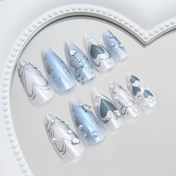 24Pcs Ombre Blue Press on Nails Medium Almond Fake Nails 3D Rhinestones Pearl with Star Heart Bling Designs Artificial Cute Silver Bow False Nails Glue on Nails for Women Girls Acrylic Manicure Tips