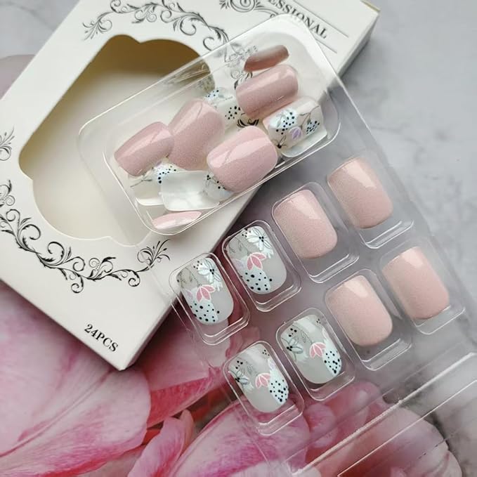 24Pcs Pink Press on Nails Short Square Fake Nails with Designs Colorful Flower Leaf Glue on Nails Glossy Acrylic False Nails Full Cover Spring Summer Artificial Nails for Women Girls Manicure