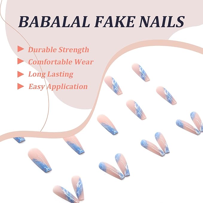 BABALAL Coffin Press-on Long French False Nails - 24pcs Blue Glossy Acrylic Nails with Nail Glue