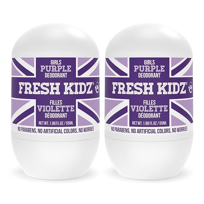 Fresh Kidz Roll On Deodorant for Kids and Teens - Baking Soda and Aluminum-free 24 Hour Protection for Sensitive Skin - Girls "Purple" 1.86 fl.oz. (2 Pack)