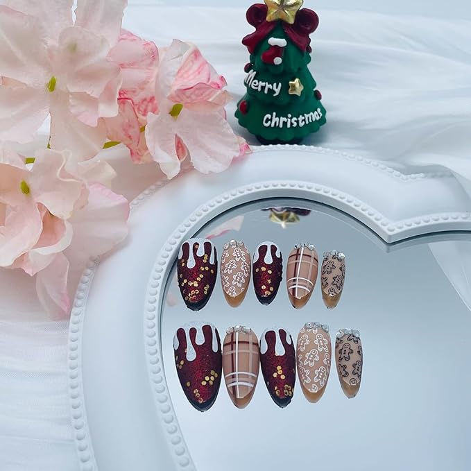 Christmas Press on Nails Medium Almond Fake Nails Cute Gingerbread Man False Nails with Rhinestones Designs Red Brown Glitter Designs Xmas Artificial Stick on Nails for Women Girls DIY 30Pcs