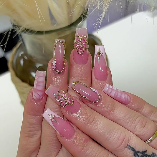 Long Square Press on Nails with Gold Floral Designs Glossy Pink Fake Nails Golden Stars Glue on Nails Gradient French Tip Stick on Nails 3D Flower Artificial Nails for Women Girls, 24Pcs