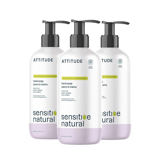 ATTITUDE Hand Soap for Sensitive Skin with Oat, EWG Verified, Dermatologically Tested, Vegan, Sweet Jasmine Scent, 16 Fl Oz (Pack of 3)