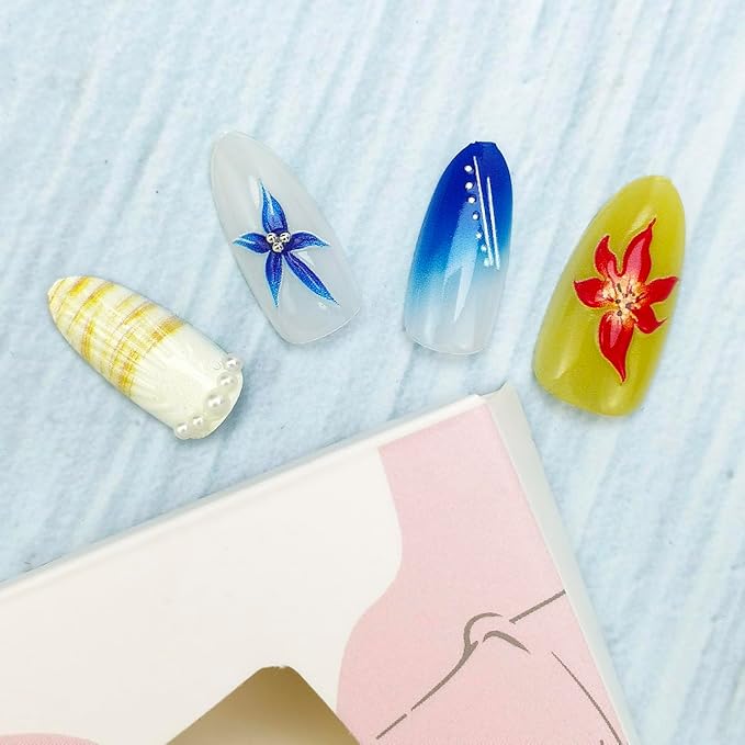 24Pcs Summer Press on Nails Medium Almond Fake Nails Hawaii Flower Seashell Pearl Designs Full Cover Glue on Nails Artificial Beach Nails French Tip False Nails for Women Girls Acrylic Manicure DIY