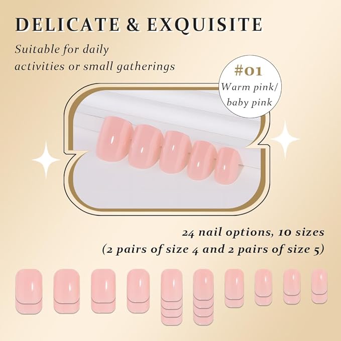 evpct Warm Pink Press on Nails Short Midium Oval for Women Gift, Glossy Pink Fake Nail with Soft Gel Salon Quality Reusable Stick on Nails Full Cover Artificial Nail Glue Soft Gel Set Kit 24Pcs, 01