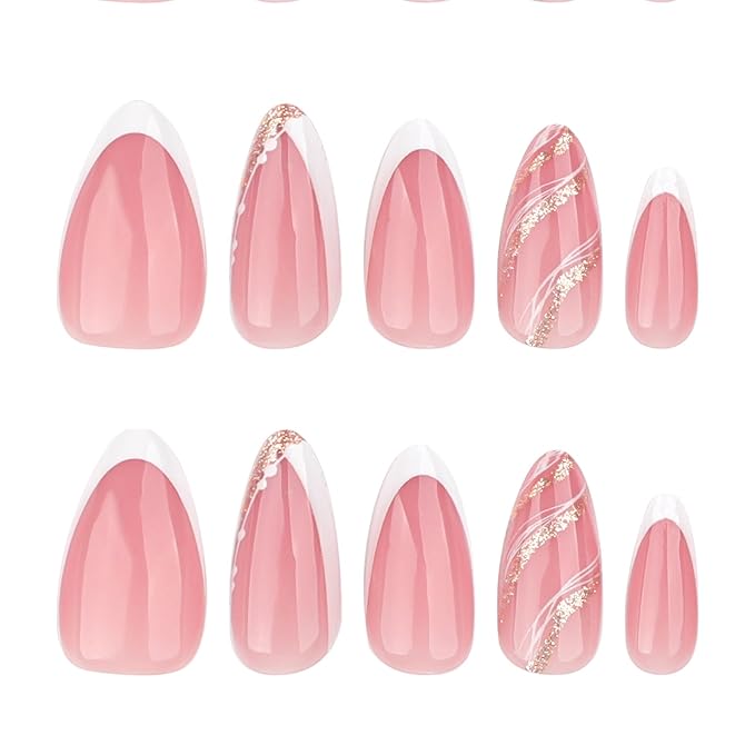 French Press On Nails Short Almond, Nude Fake Nails with White French Tip and Minimalist Gold Line Design, Glossy Gel Finish Acrylic Nails, Natural Reusable Glue On Nails Kit for Women, Luxe Line