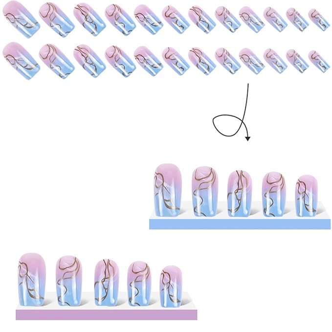 Press on Nails Medium Square Fake Nails with Gold Curved Line Designs Blue Pink Gradient Nails Press ons Glossy Glue on Nails Cute Acrylic Nails Full Cover Stick on Nails for Women 24Pcs