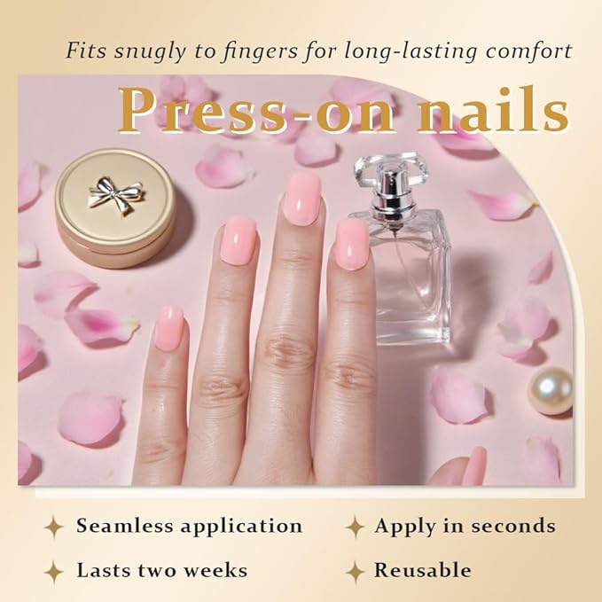 evpct Nude Pink Glossy Press on Nails Short Square, Glossy Pink Fake Nails Summer Reusable, Acrylic False Nail Stick Glue on Press ons for Women Gifts, Durable Perfectly Fit False Nail Kit Glue 30Pcs