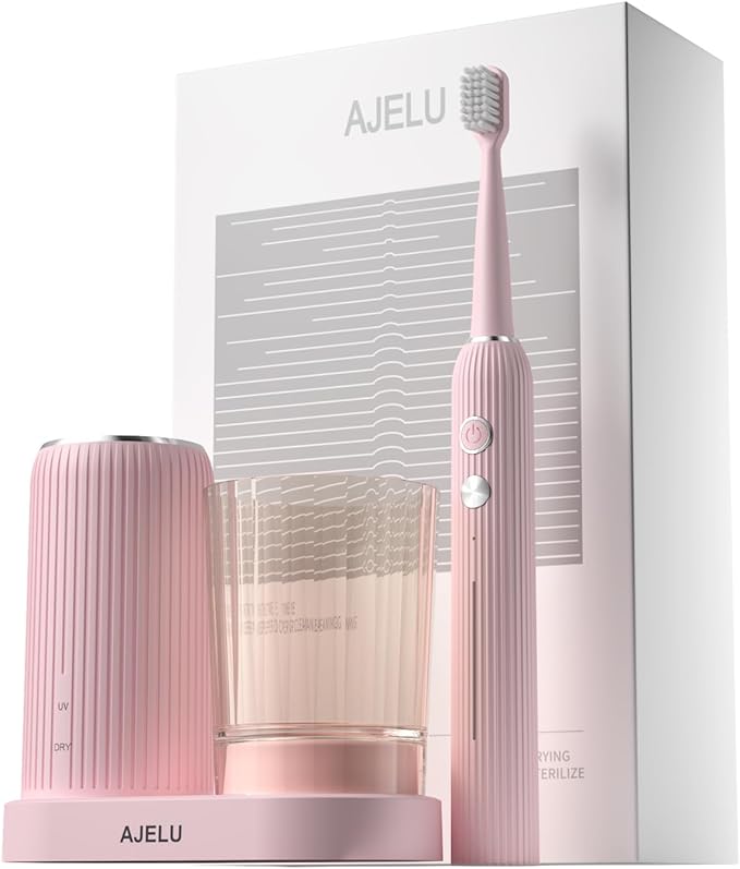 Electric Toothbrush Set for Women with UV Light Drying Holder, 8 Brush Heads, Smart Timer, USB Rechargeable – Soft Pink Edition
