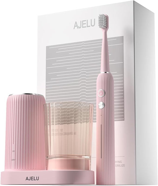 Electric Toothbrush Set for Women with UV Light Drying Holder, 8 Brush Heads, Smart Timer, USB Rechargeable – Soft Pink Edition