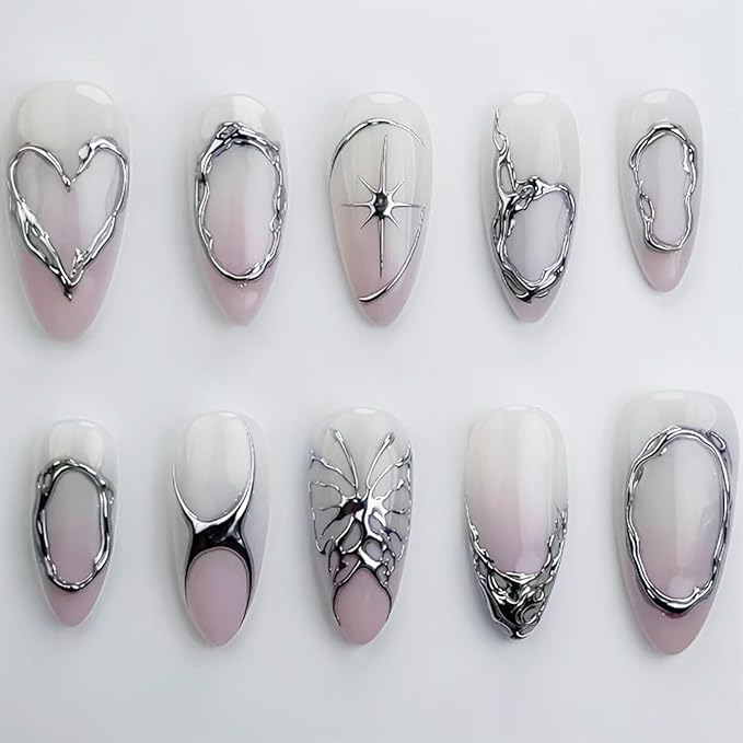 24Pcs Silver Press on Nails Medium Almond Fake Nails Silver Lines Full Cover Gradient Pink White Nails Glue on Nails Chrome Designs Y2k False Nails Stick on Nails for Women Girls Acrylic Nails DIY