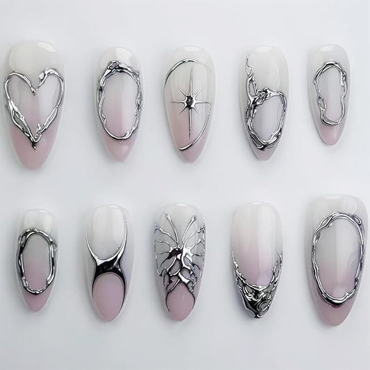 24Pcs Silver Press on Nails Medium Almond Fake Nails Silver Lines Full Cover Gradient Pink White Nails Glue on Nails Chrome Designs Y2k False Nails Stick on Nails for Women Girls Acrylic Nails DIY