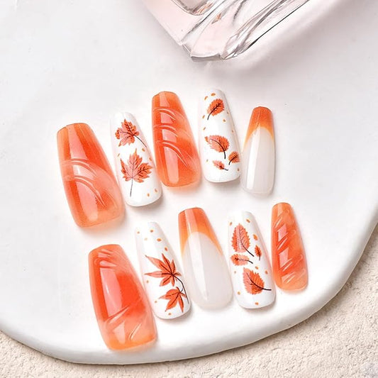 30Pcs Fall Press on Nails Medium Coffin Fake Nails Autumn Red Maple Leaf False Nails with Designs Gradient French Tip Stick on Nail Full Cover 3D Thanksgiving Manicure Decorations for Women