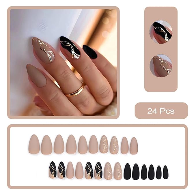 Almond False Nails, Gray, Medium Press on Nails, 24 Pieces, Glossy Finish, Acrylic, for Women Decoration