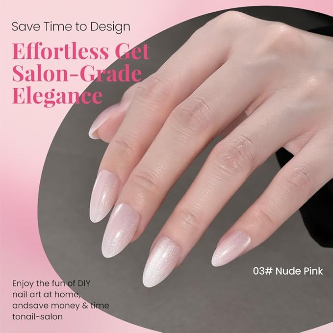 Cat Eye Press on Nails Almond Short, Cat Eye Stick on Nails Press on, Pearl White Nude Pink Glitter Short Almond Press Glue on Nail, Fake Nails Press ons with glue 60Pcs Reusable Acrylic Fake Nail Kit