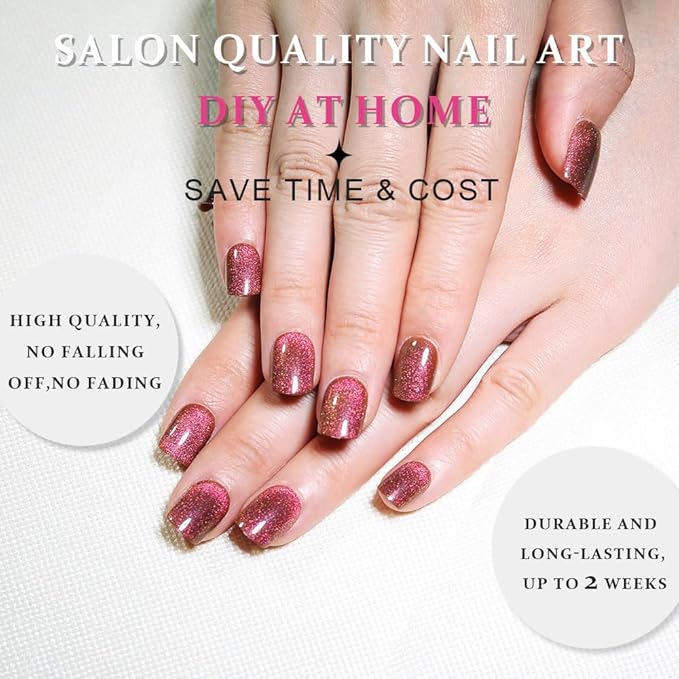 evpct Pink Purple Cat Eye Extra Short Press on Nails Square, Short Square Glue on Nails for Women Gift, Pink Purple Metallic Glitter Glossy Reusable Gel Press on Acrylic Fake Nail with Designs